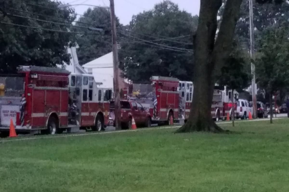 Firetrucks lined up on street next to park