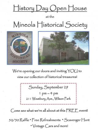 Historical Society Open House poster, photo of building and logo, date time location, raffles refreshments vintage cars
