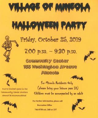 Orange Halloween Party poster. Friday Oct 25, 7:00 pm to 9:30 pm. Community Center 155 Washington Ave Mineola residents only