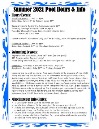 Flyer with pool hours and rules. Blue water border.