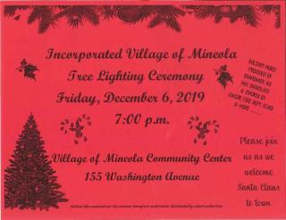 Red poster Tree Lighting Ceremony December 6 2019 7:00pm Community Center 155 Washington Avenue christmas tree clip art on left 