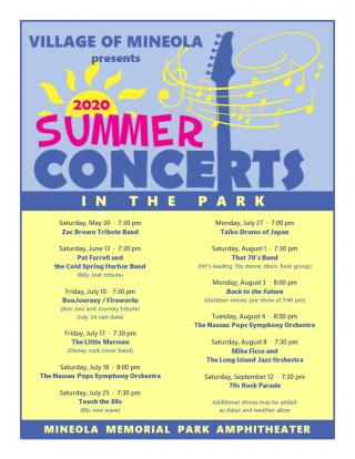 Summer Concerts flyer, blue/yellow, list of dates, bands, times