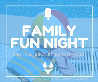 Blue background, white text, Family Fun Night hours