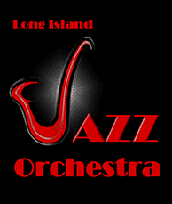 Jazz Orchestra logo, black with red text. J is a saxophone