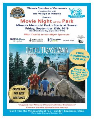 Movie in Park poster. Hotel Transylvania Friday September 13 at sunset. Free admission, food and drinks for sale. 