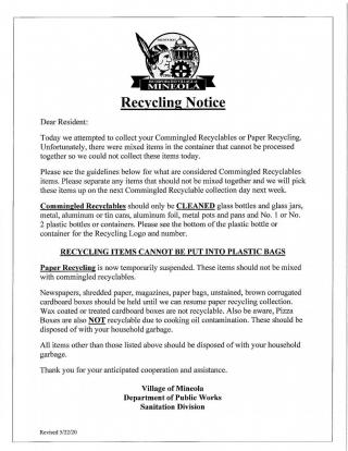 Village logo top center, letter to residents regarding separating recyclables