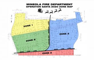 Map of Mineola highlighted into four sections--yellow, green, blue and pink