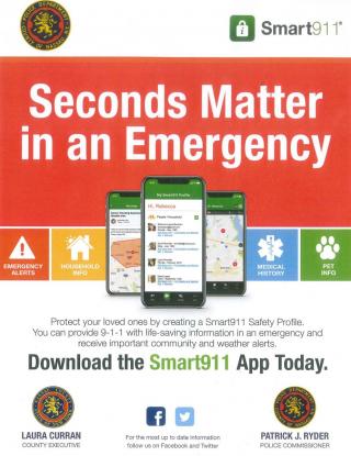 Flyer stating Seconds Matter in an Emergency. Download the Smart911 app. 