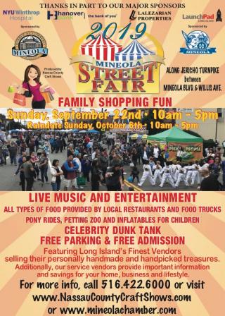 Mineola Street Fair poster Sunday September 22 10am to 5pm, rain date Sunday October 6. Live music free admission