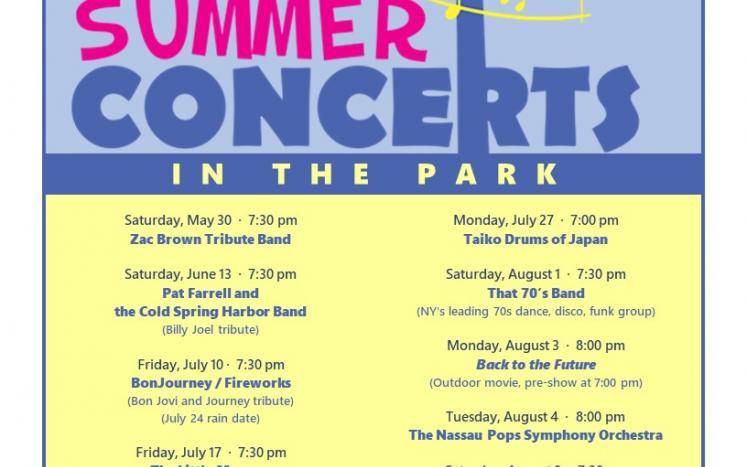 Summer Concerts flyer, blue/yellow, list of dates, bands, times
