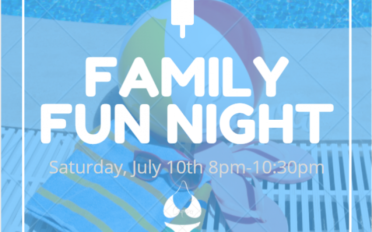 Blue background, white text, Family Fun Night hours