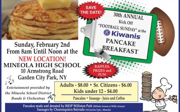 Pancake breakfast flyer. photo of pancakes upper left. Event details February 2 8 am to 12 noon at Mineola High School