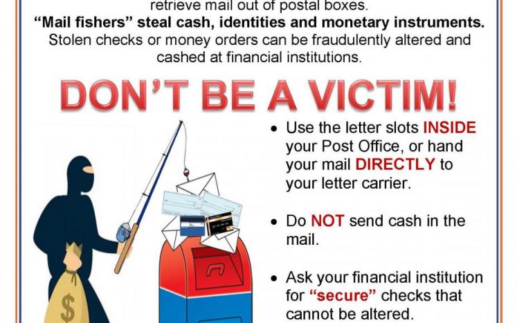 Don't be a victim of mail fishing flyer. Man holding bag of cash in one hand, fishing pole in other walking toward mailbox. 