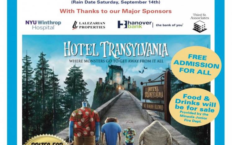 Movie in Park poster. Hotel Transylvania Friday September 13 at sunset. Free admission, food and drinks for sale. 