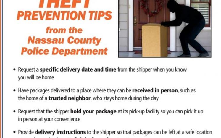 Package theft prevention tips from Nassau County PD, photo of person stealing package at front door of home, wreath on door