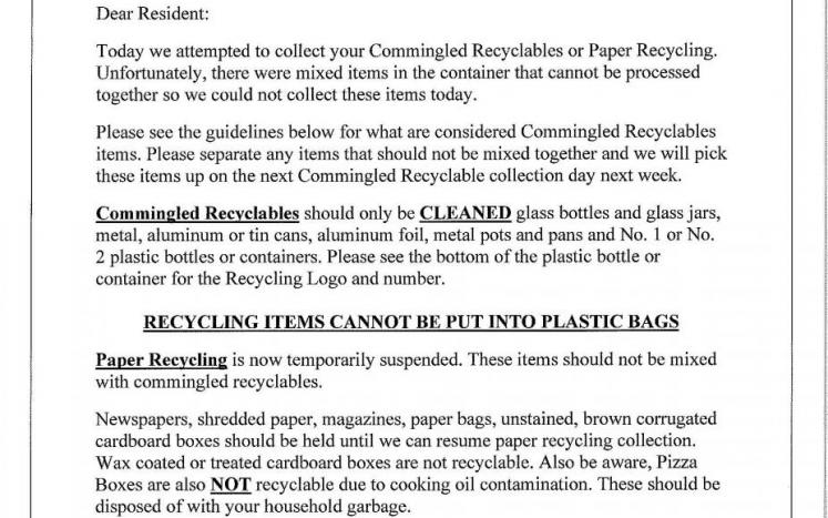 Village logo top center, letter to residents regarding separating recyclables