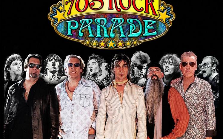 70s Rock Parade logo, bright letters, yellow stars around, photo of band members