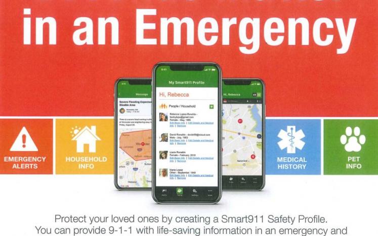 Flyer stating Seconds Matter in an Emergency. Download the Smart911 app. 