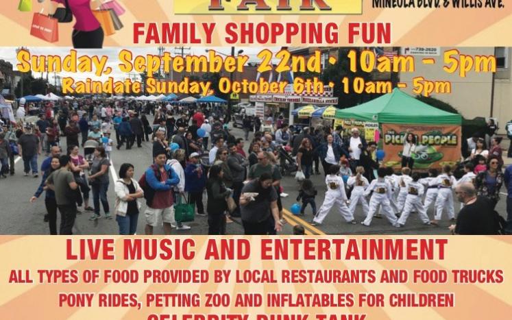 Mineola Street Fair poster Sunday September 22 10am to 5pm, rain date Sunday October 6. Live music free admission
