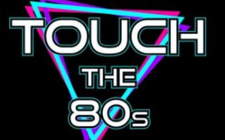 Touch the 80s logo, black background, glowing triangle