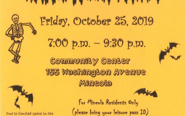 Orange Halloween Party poster. Friday Oct 25, 7:00 pm to 9:30 pm. Community Center 155 Washington Ave Mineola residents only